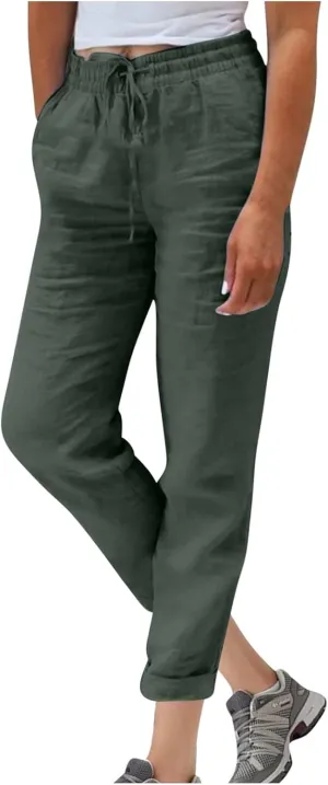 Womens Casual Linen High Waist Pants Drawstring Loose Fit Summer Pants Fashion Solid Color Trousers with Pockets