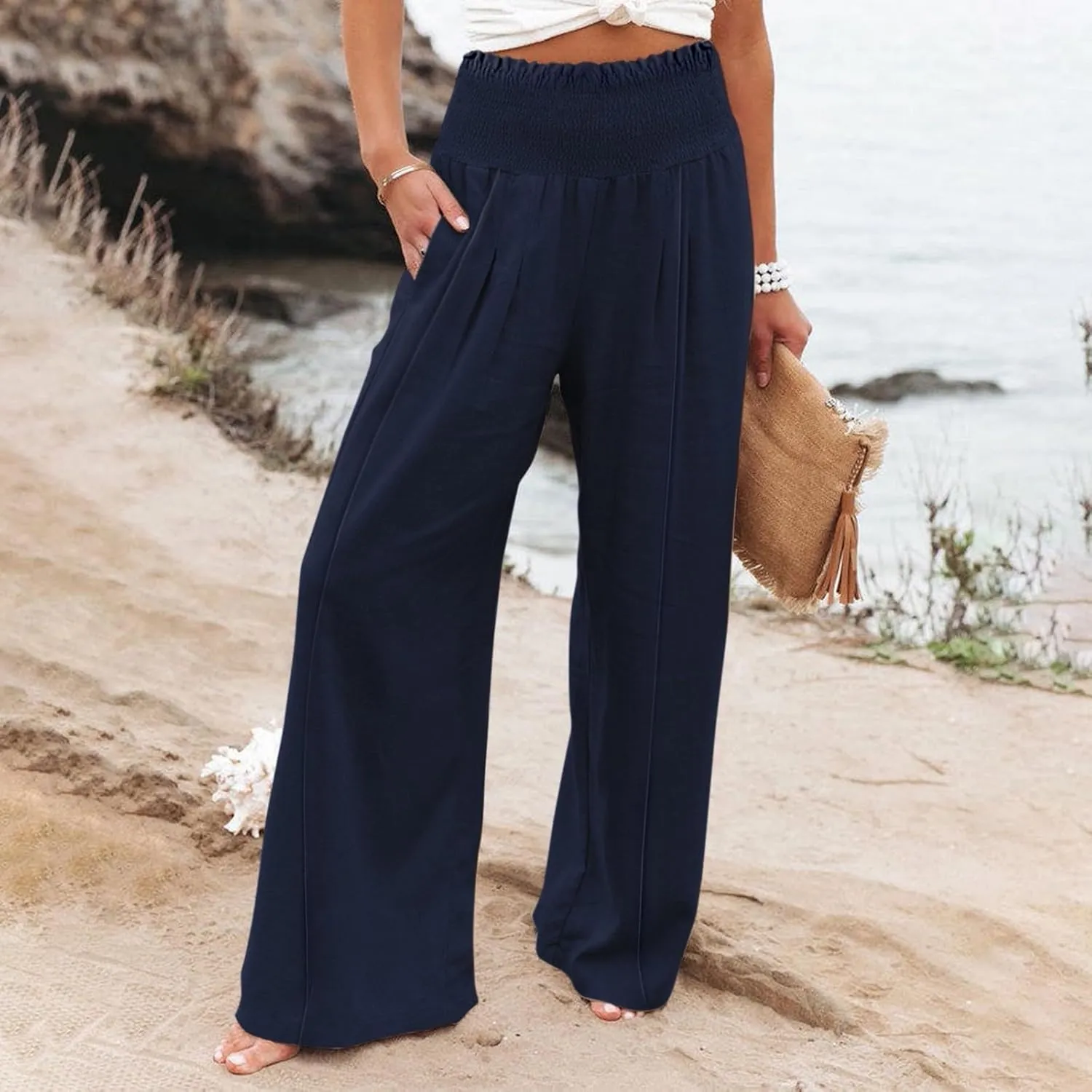 Women's Casual Pants Linen Womens Clothing Pants Wide Leg Long Pant Trousers with Pocket Linen Blend Pants Linen Outfit