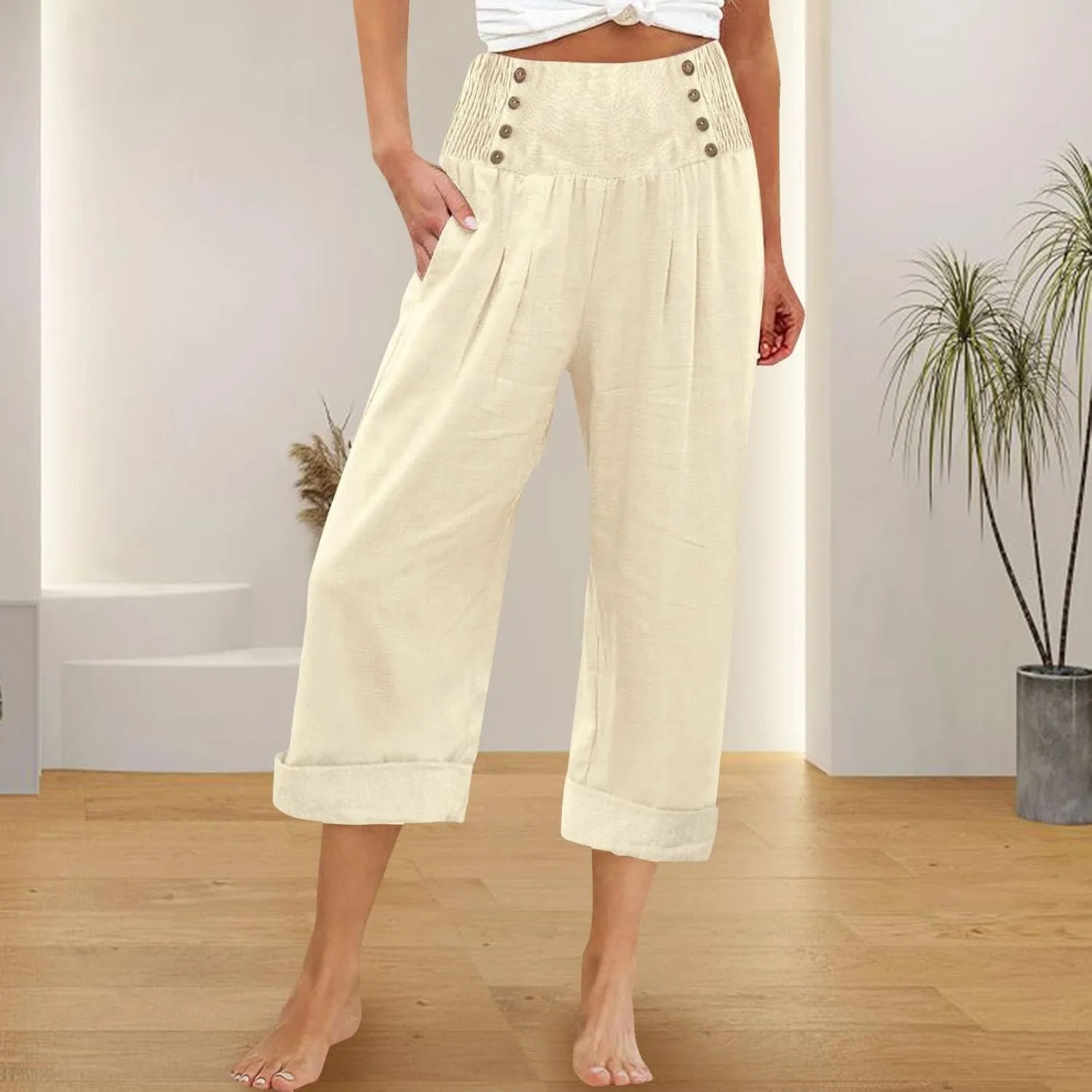 Womens Casual Pants Summer Cotton Linen Wide Leg Elastic Smocked Waist Cropped Trousers Summer Beach Vacation Pants