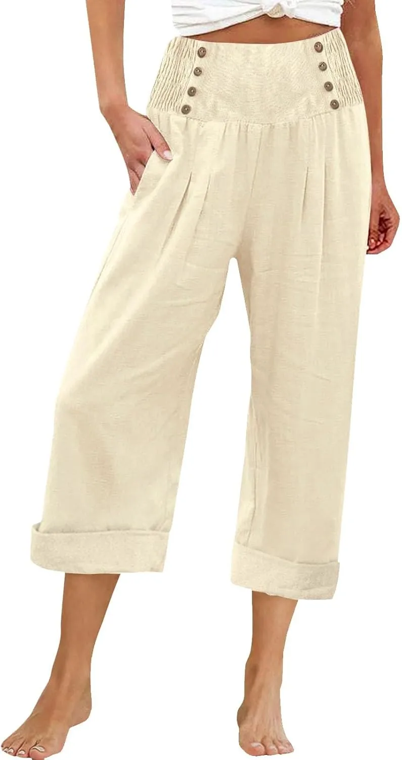 Womens Casual Pants Summer Cotton Linen Wide Leg Elastic Smocked Waist Cropped Trousers Summer Beach Vacation Pants