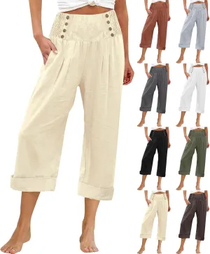 Womens Casual Pants Summer Cotton Linen Wide Leg Elastic Smocked Waist Cropped Trousers Summer Beach Vacation Pants