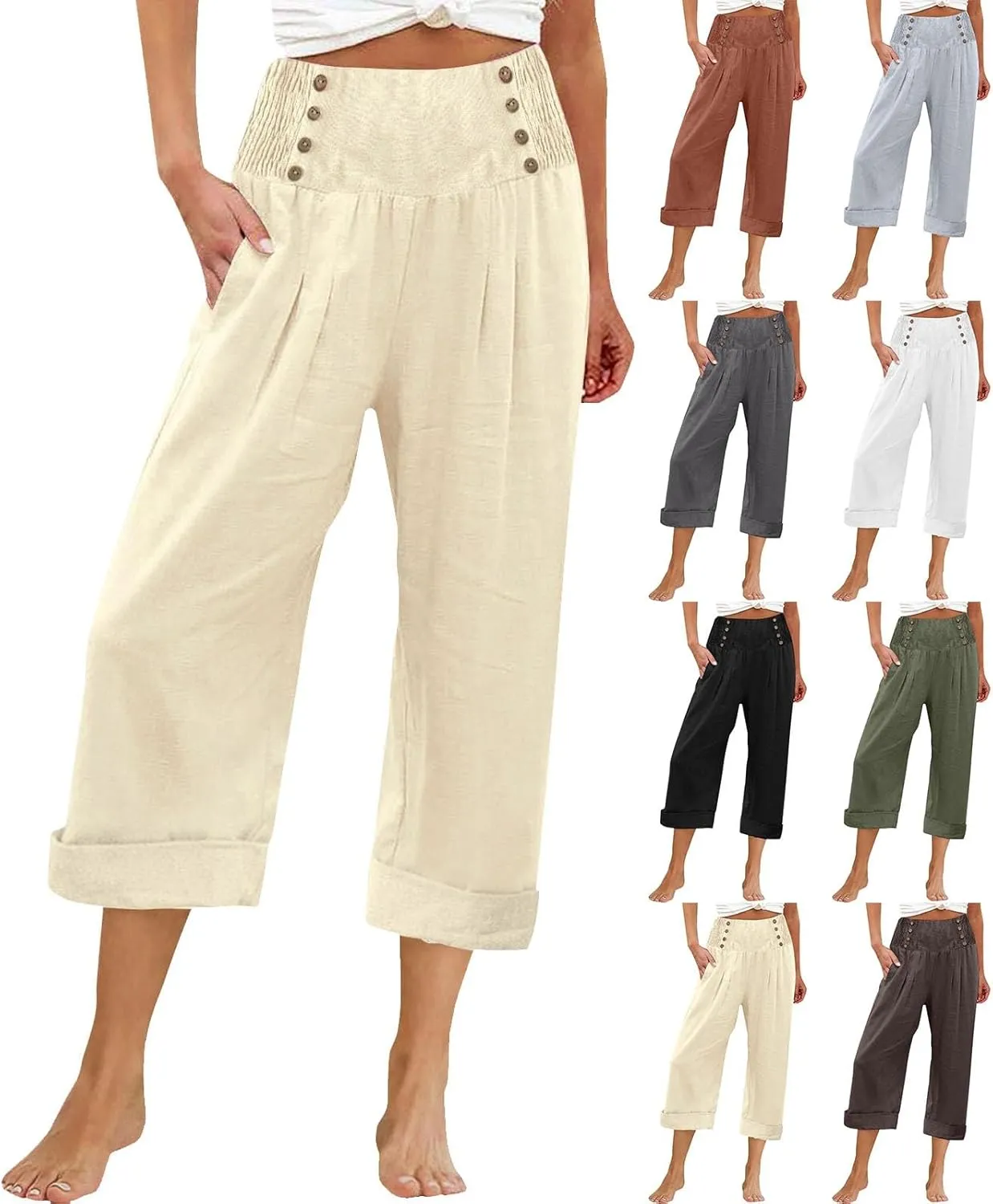Womens Casual Pants Summer Cotton Linen Wide Leg Elastic Smocked Waist Cropped Trousers Summer Beach Vacation Pants