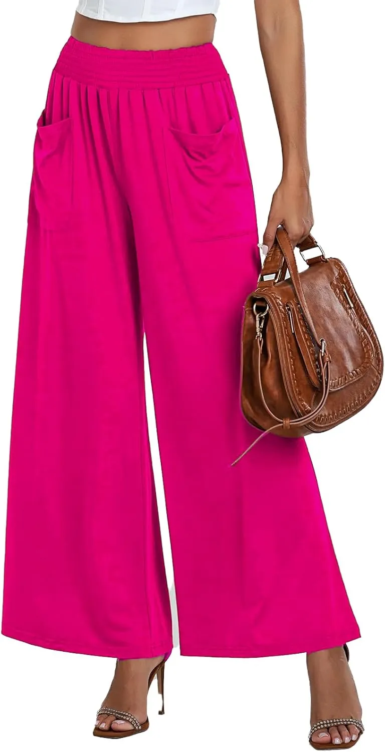 Women's Casual Wide Leg Pants Elastic High Waist Loose Lounge Pant Baggy Flowy Trouser with Pockets