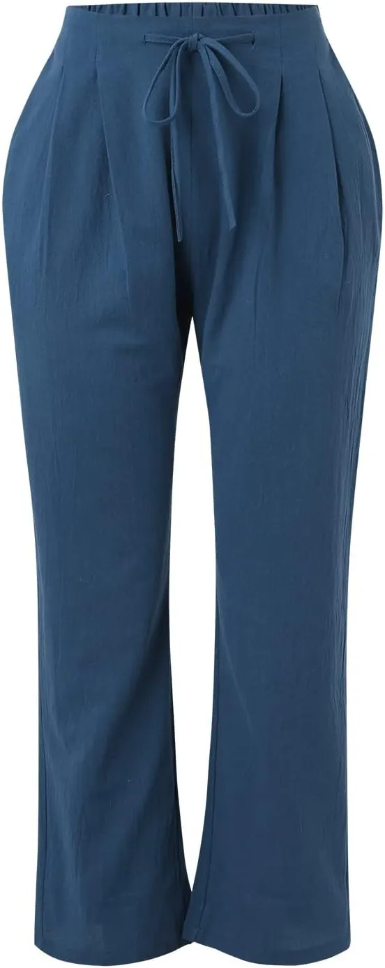 Women's Cotton Linen Capri Pants Solid Loose Fit Baggy High Waisted Casual Summer Vacation Trousers with Pockets