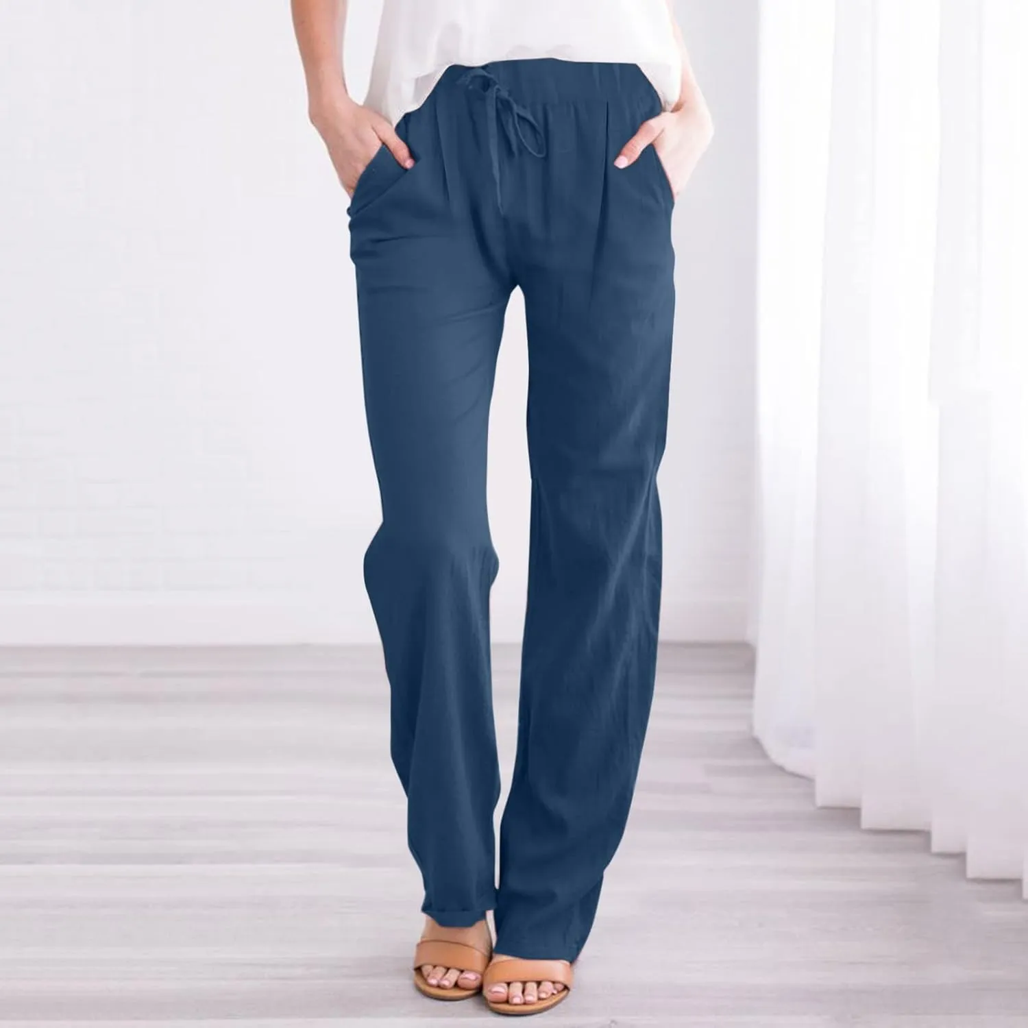 Women's Cotton Linen Capri Pants Solid Loose Fit Baggy High Waisted Casual Summer Vacation Trousers with Pockets