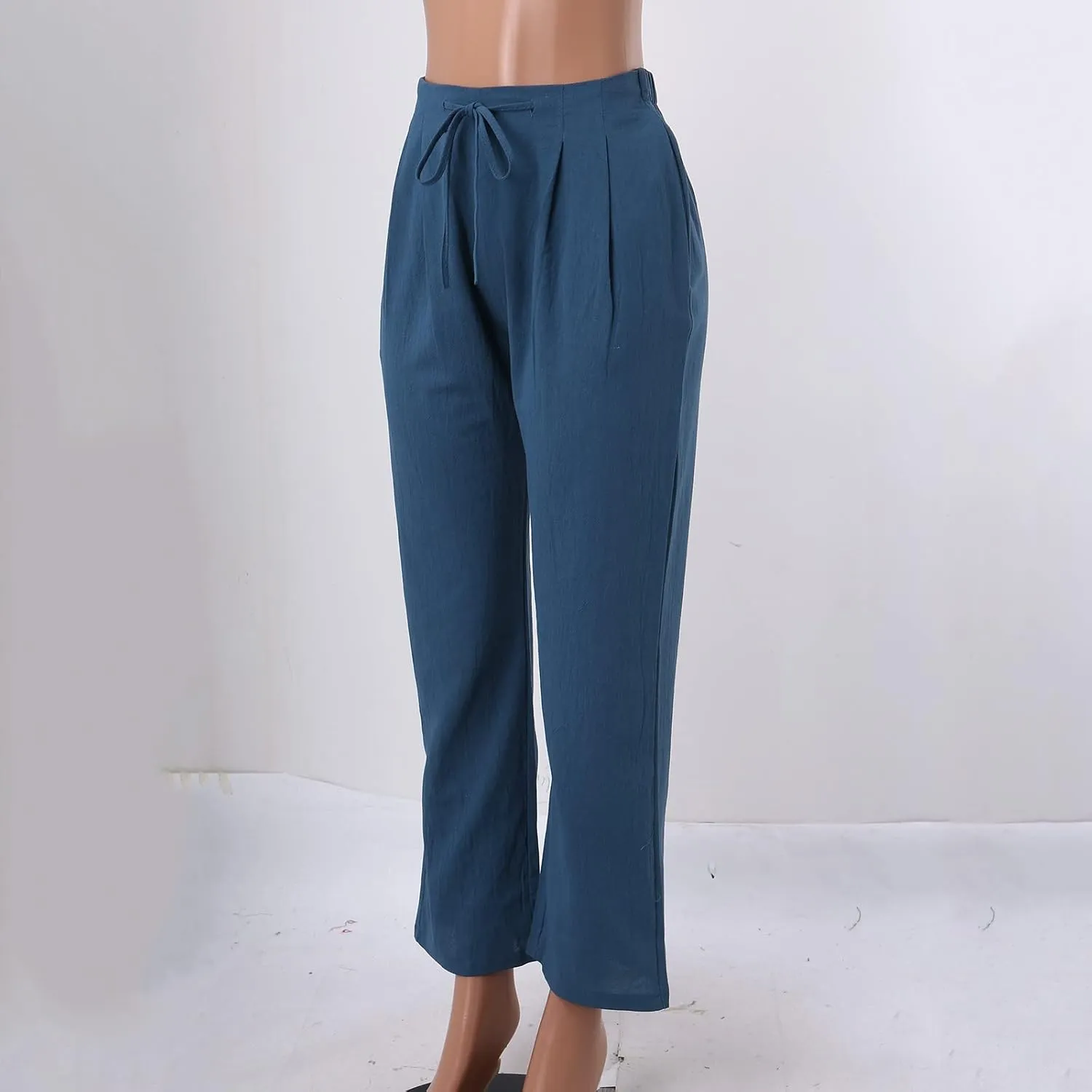 Women's Cotton Linen Capri Pants Solid Loose Fit Baggy High Waisted Casual Summer Vacation Trousers with Pockets
