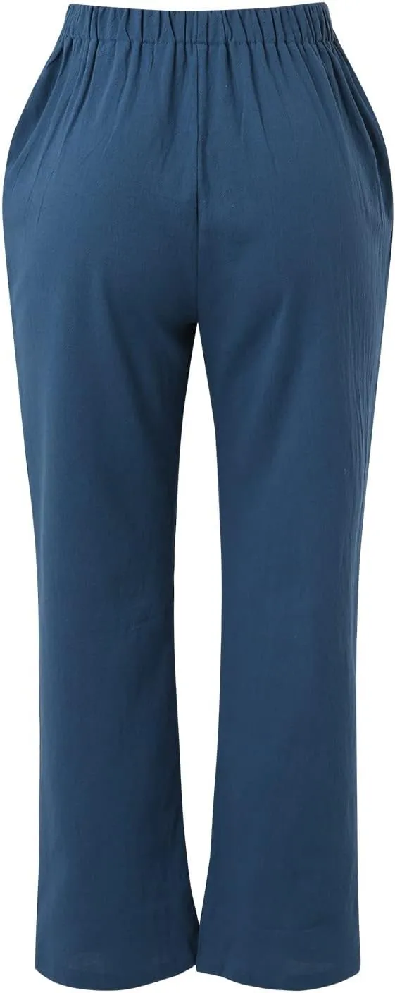 Women's Cotton Linen Capri Pants Solid Loose Fit Baggy High Waisted Casual Summer Vacation Trousers with Pockets