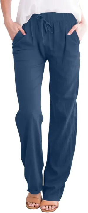 Women's Cotton Linen Capri Pants Solid Loose Fit Baggy High Waisted Casual Summer Vacation Trousers with Pockets