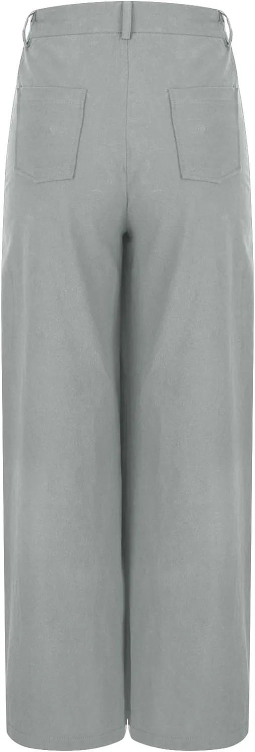 Womens Cotton Linen Palazzo Pants Summer Baggy Wide Leg Button Down Trousers Business Casual Slacks with Pockets