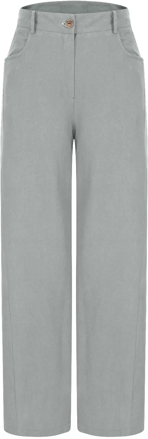 Womens Cotton Linen Palazzo Pants Summer Baggy Wide Leg Button Down Trousers Business Casual Slacks with Pockets
