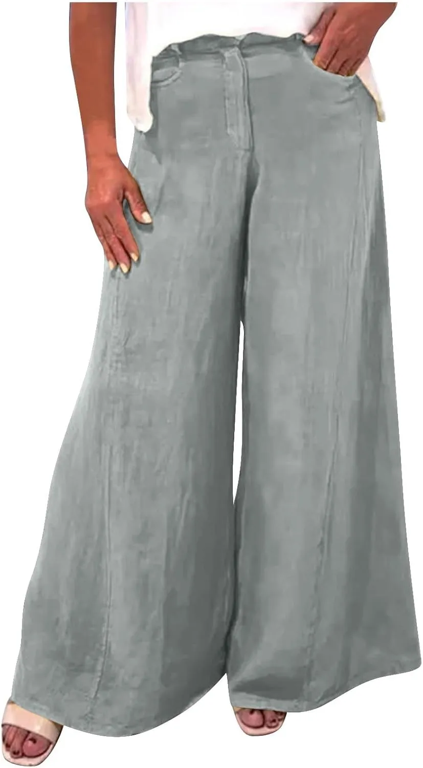 Womens Cotton Linen Palazzo Pants Summer Baggy Wide Leg Button Down Trousers Business Casual Slacks with Pockets