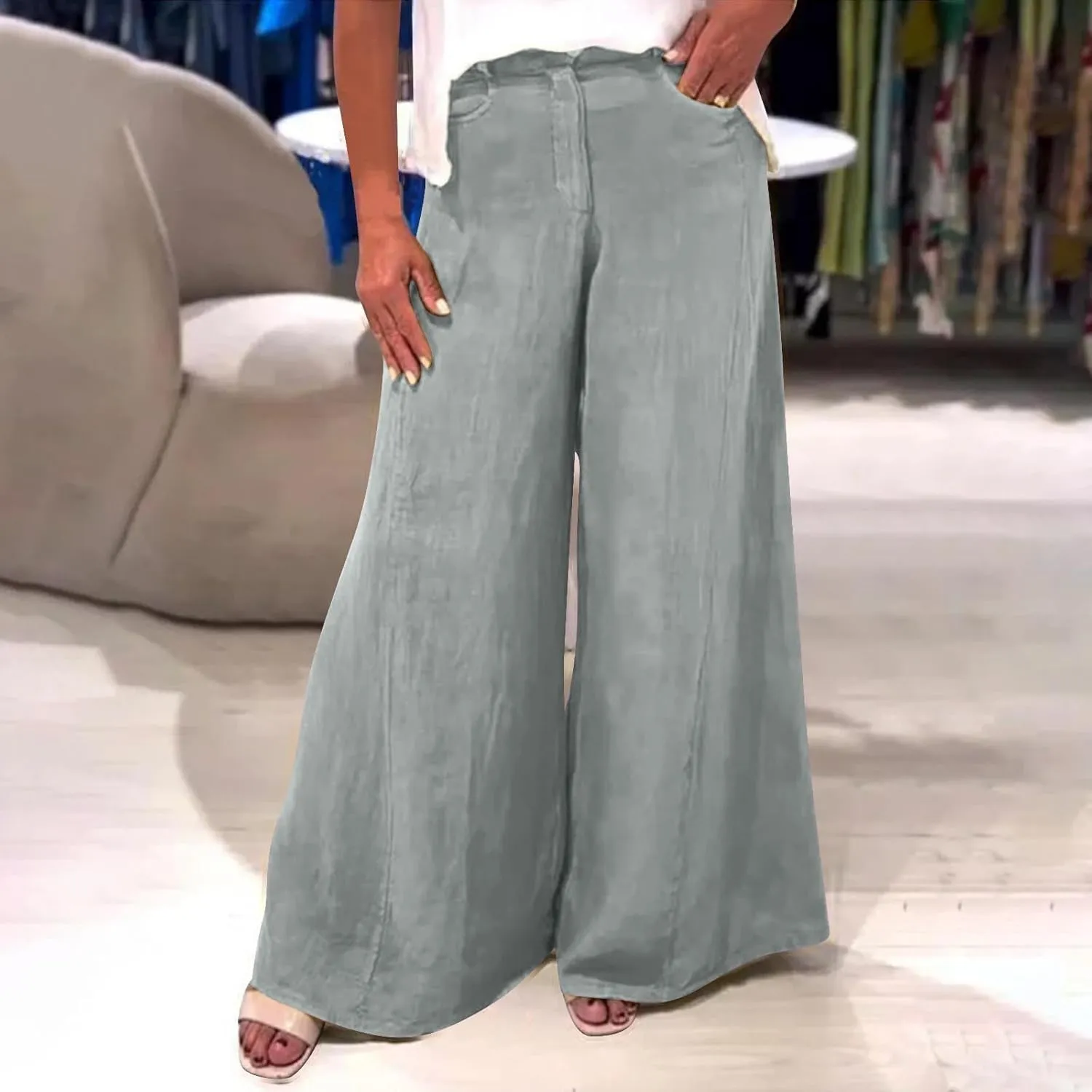 Womens Cotton Linen Palazzo Pants Summer Baggy Wide Leg Button Down Trousers Business Casual Slacks with Pockets