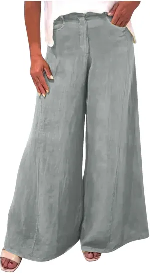 Womens Cotton Linen Palazzo Pants Summer Baggy Wide Leg Button Down Trousers Business Casual Slacks with Pockets