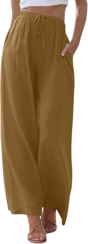 Womens Cotton Linen Palazzo Pants Wide Leg Lightweight Casual Flowy Trousers Summer Beach Vacation Boho Baggy Slacks