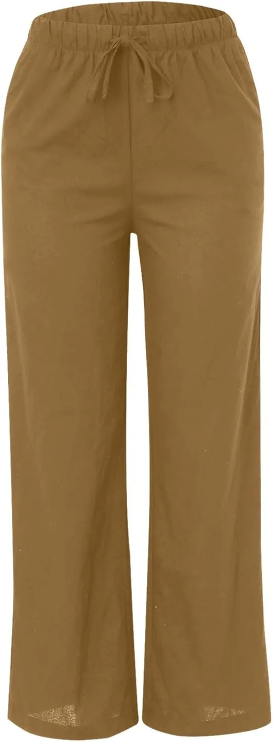 Womens Cotton Linen Palazzo Pants Wide Leg Lightweight Casual Flowy Trousers Summer Beach Vacation Boho Baggy Slacks