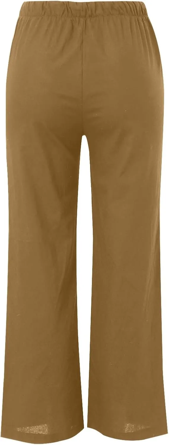 Womens Cotton Linen Palazzo Pants Wide Leg Lightweight Casual Flowy Trousers Summer Beach Vacation Boho Baggy Slacks