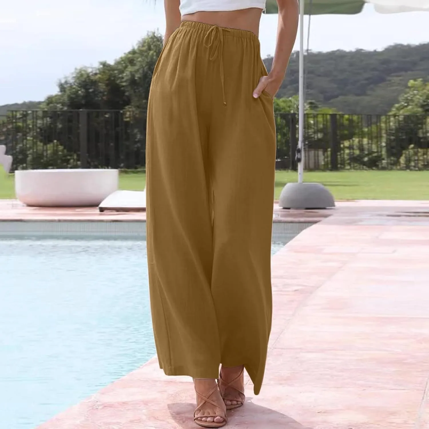 Womens Cotton Linen Palazzo Pants Wide Leg Lightweight Casual Flowy Trousers Summer Beach Vacation Boho Baggy Slacks