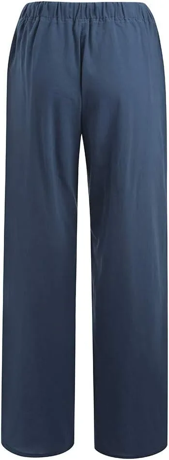 Womens Cotton Linen Pants 2025 Summer Wide Leg Casual Loose Drawstring High Waist Palazzo Pants Trousers with Pockets
