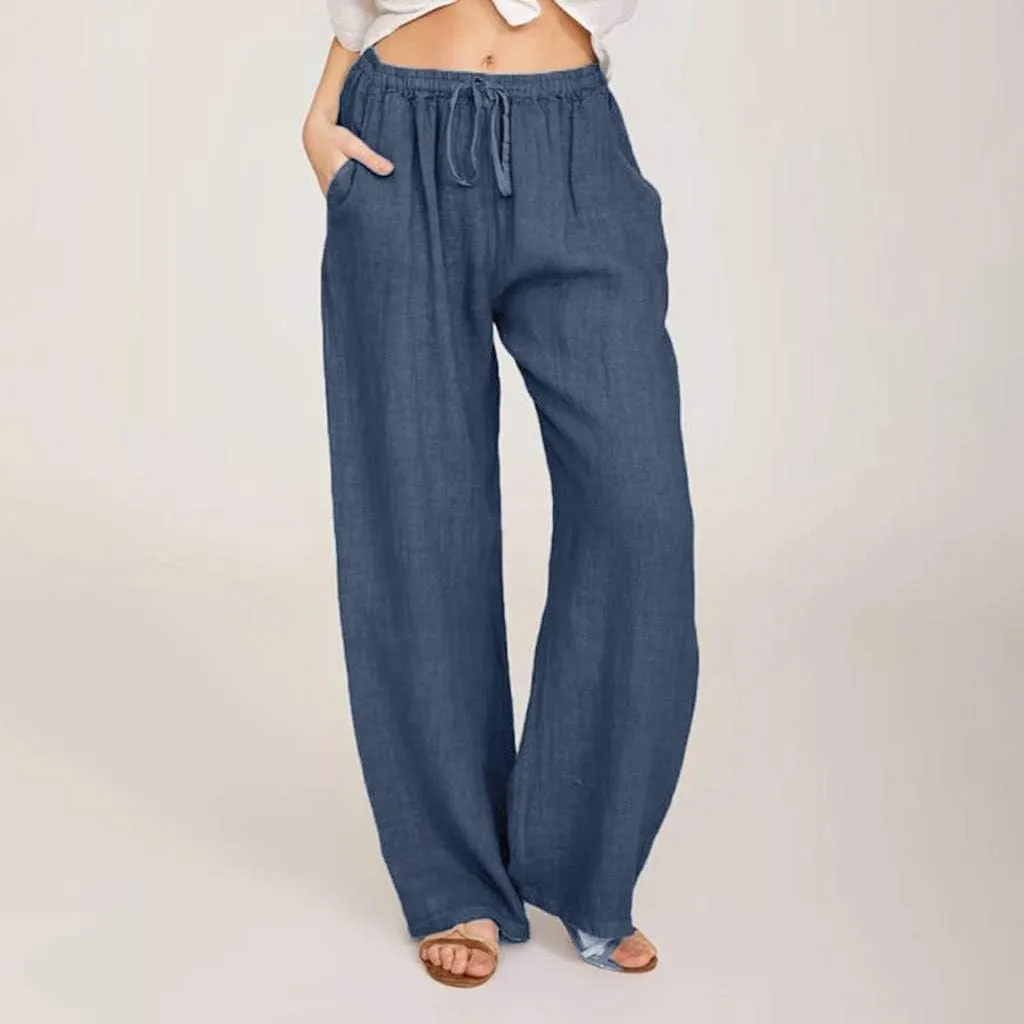 Womens Cotton Linen Pants 2025 Summer Wide Leg Casual Loose Drawstring High Waist Palazzo Pants Trousers with Pockets