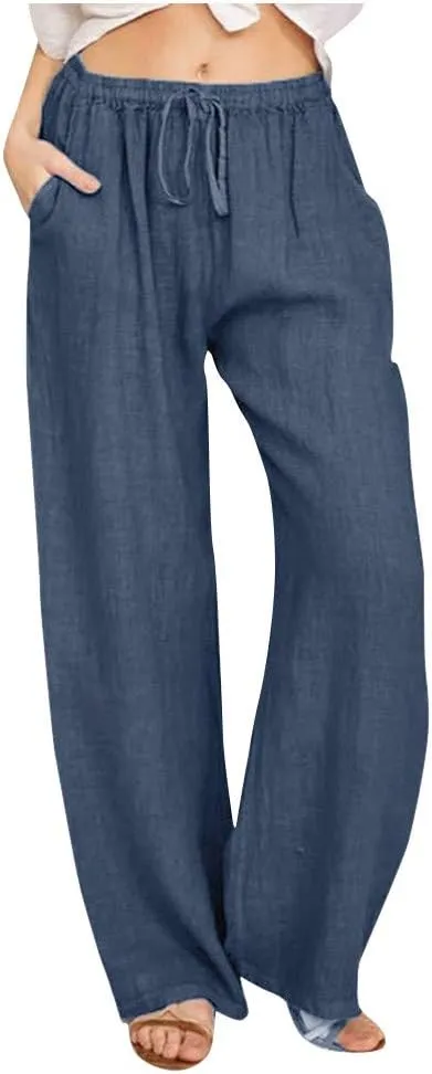 Womens Cotton Linen Pants 2025 Summer Wide Leg Casual Loose Drawstring High Waist Palazzo Pants Trousers with Pockets