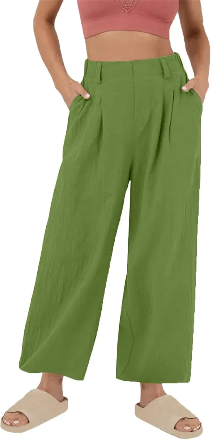 Womens Cotton Linen Pants Casual Loose High Waisted Wide Leg Palazzo Trousers Summer Beach Vacation Cropped Pant 2025