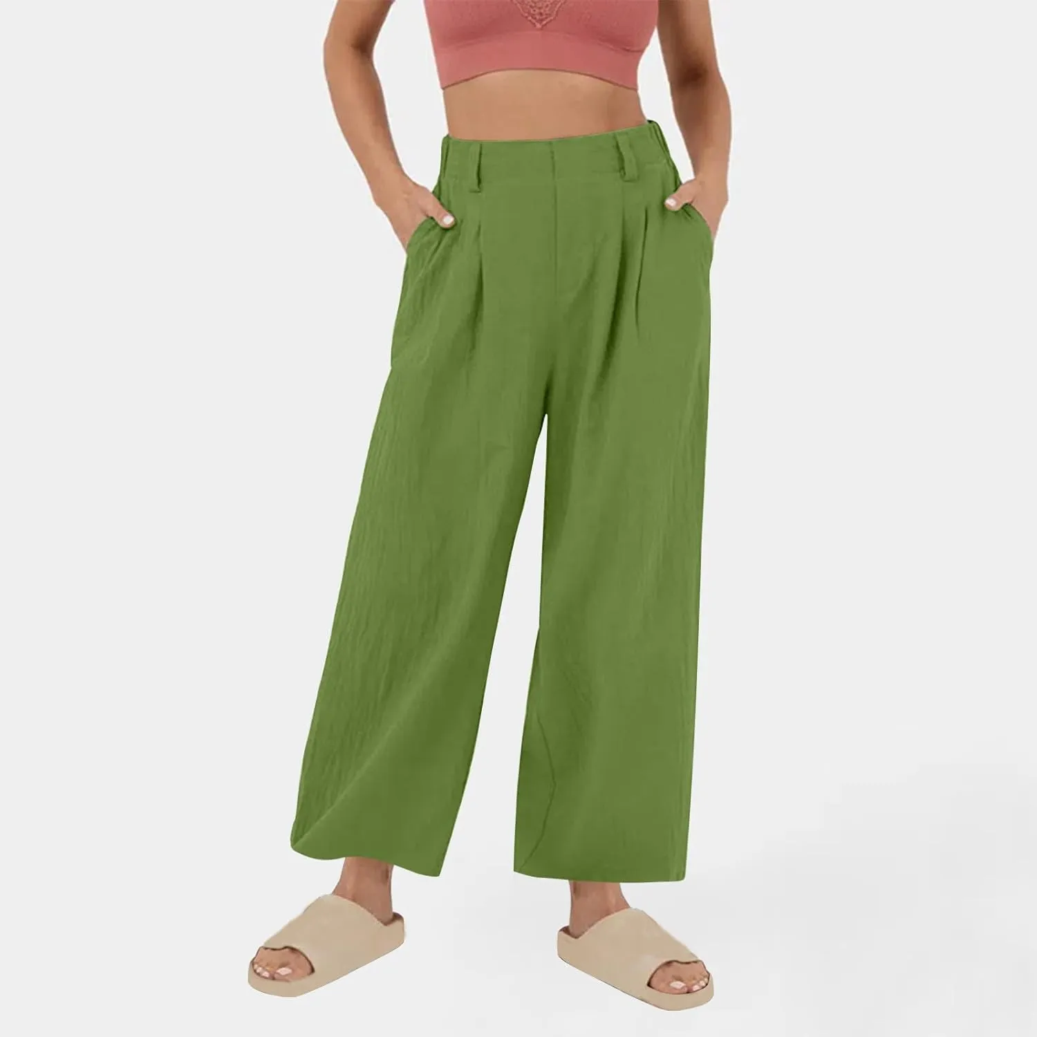 Womens Cotton Linen Pants Casual Loose High Waisted Wide Leg Palazzo Trousers Summer Beach Vacation Cropped Pant 2025