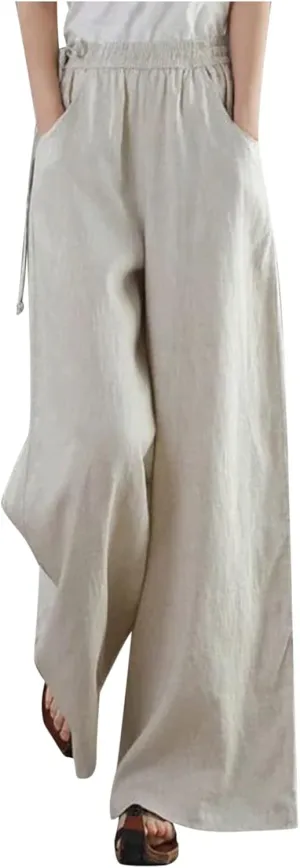 Women's Cotton Linen Pants Casual Solid Wide Leg Trousers Loose Elastic Waist Drawstring Palazzo Pant with Pockets