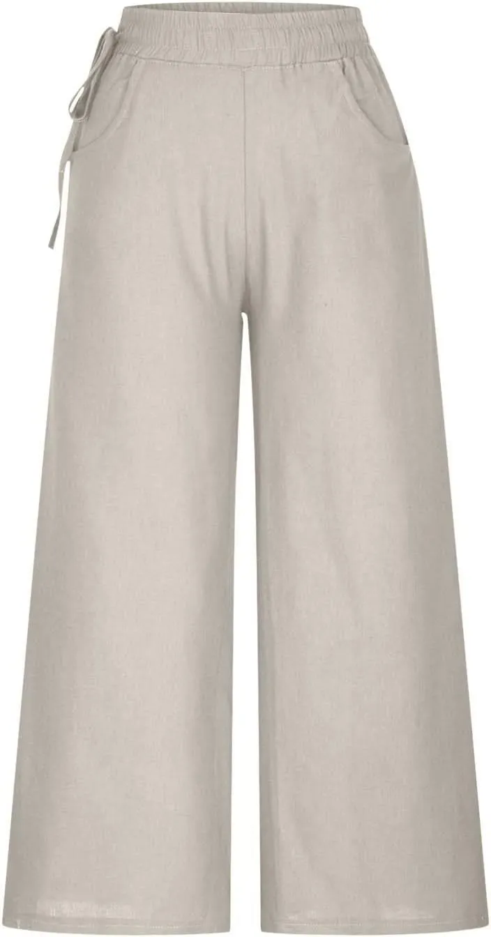 Women's Cotton Linen Pants Casual Solid Wide Leg Trousers Loose Elastic Waist Drawstring Palazzo Pant with Pockets