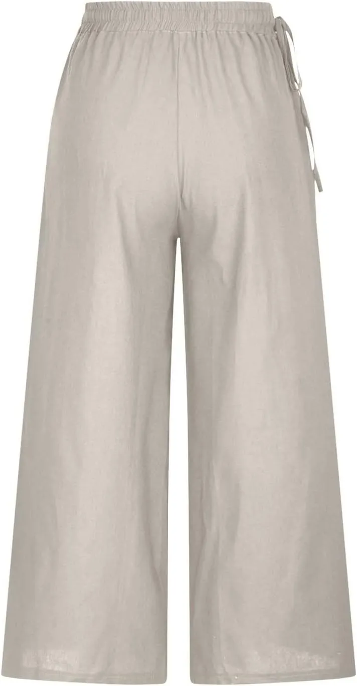 Women's Cotton Linen Pants Casual Solid Wide Leg Trousers Loose Elastic Waist Drawstring Palazzo Pant with Pockets