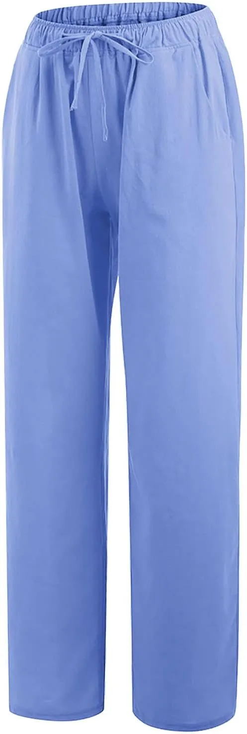 Women's Cotton Linen Pants Drawstring High Waisted Pants Casual Loose Fit Elastic Wasit 2024 Comfy Wide Leg Trousers