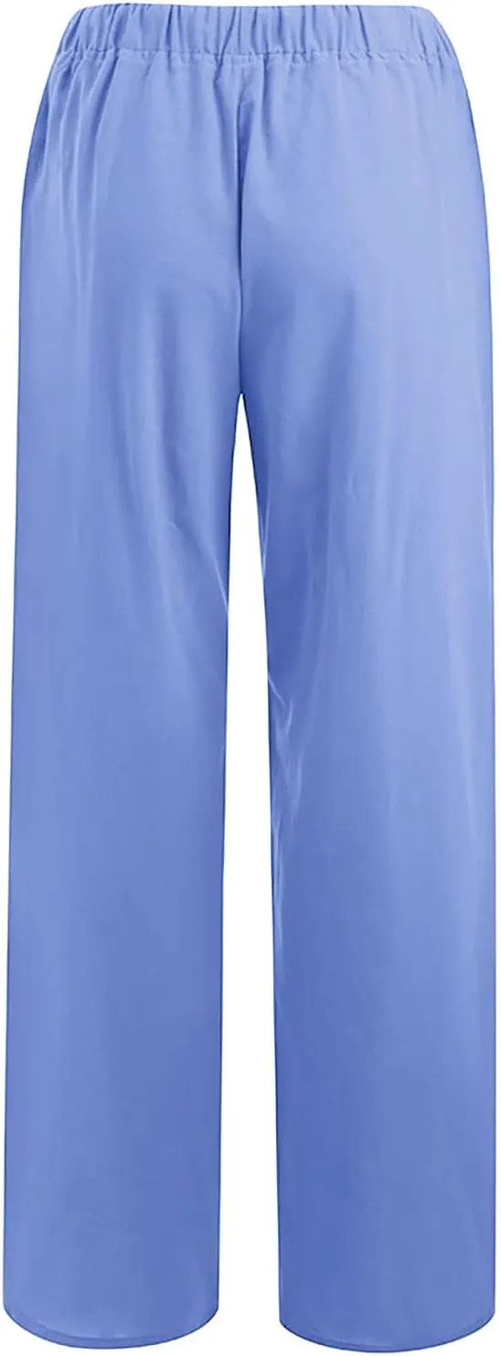 Women's Cotton Linen Pants Drawstring High Waisted Pants Casual Loose Fit Elastic Wasit 2024 Comfy Wide Leg Trousers