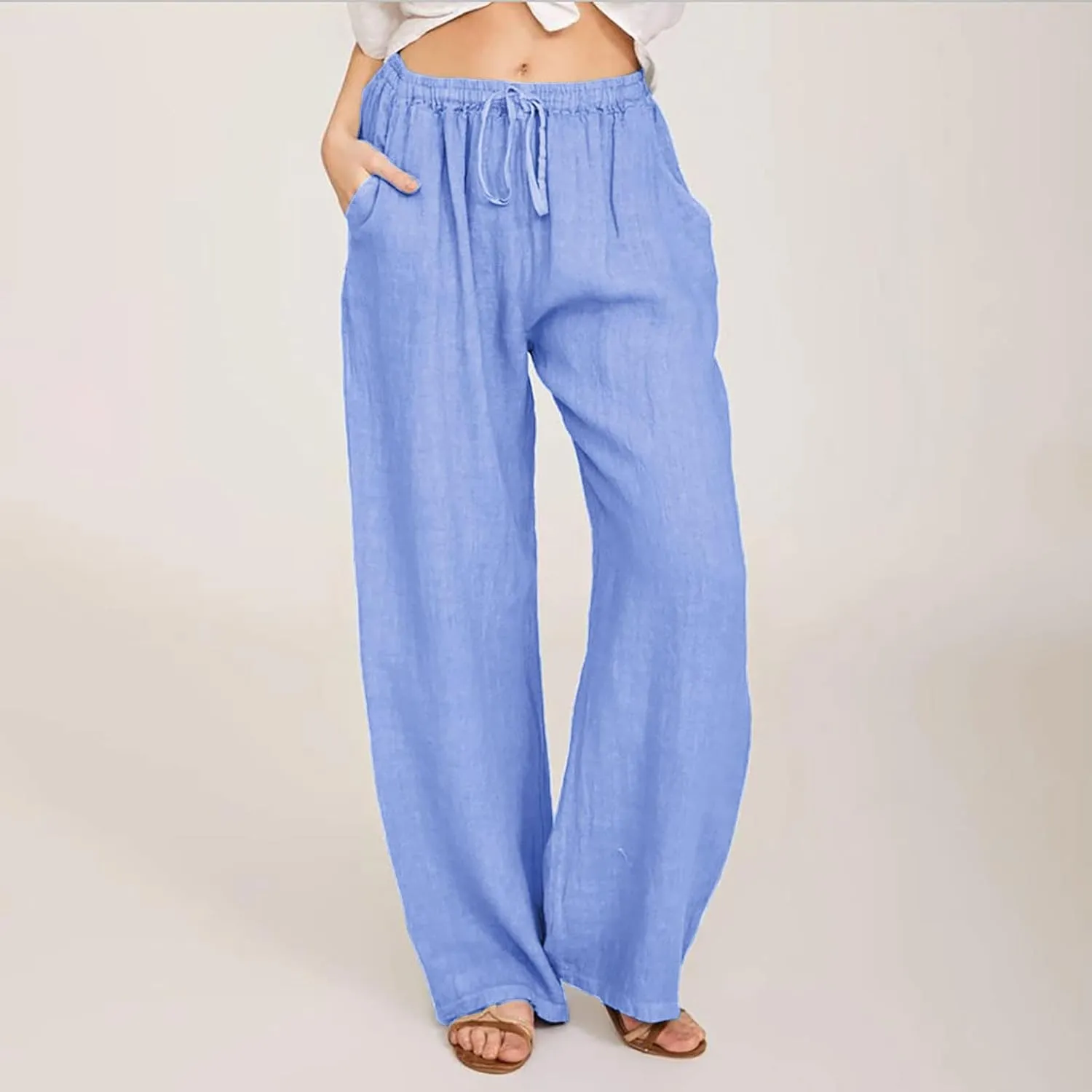Women's Cotton Linen Pants Drawstring High Waisted Pants Casual Loose Fit Elastic Wasit 2024 Comfy Wide Leg Trousers