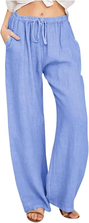 Women's Cotton Linen Pants Drawstring High Waisted Pants Casual Loose Fit Elastic Wasit 2024 Comfy Wide Leg Trousers