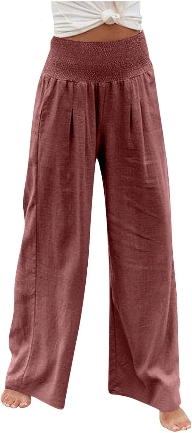 Women's Cotton Linen Pants Dressy Casual Elastic High Waist Drawstring Pants Wide Leg Lounge Yoga Trousers