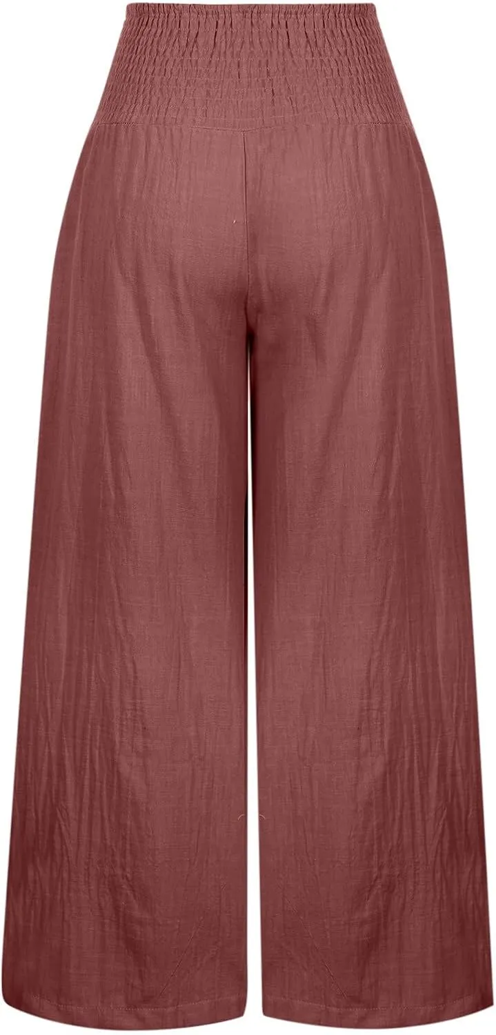 Women's Cotton Linen Pants Dressy Casual Elastic High Waist Drawstring Pants Wide Leg Lounge Yoga Trousers