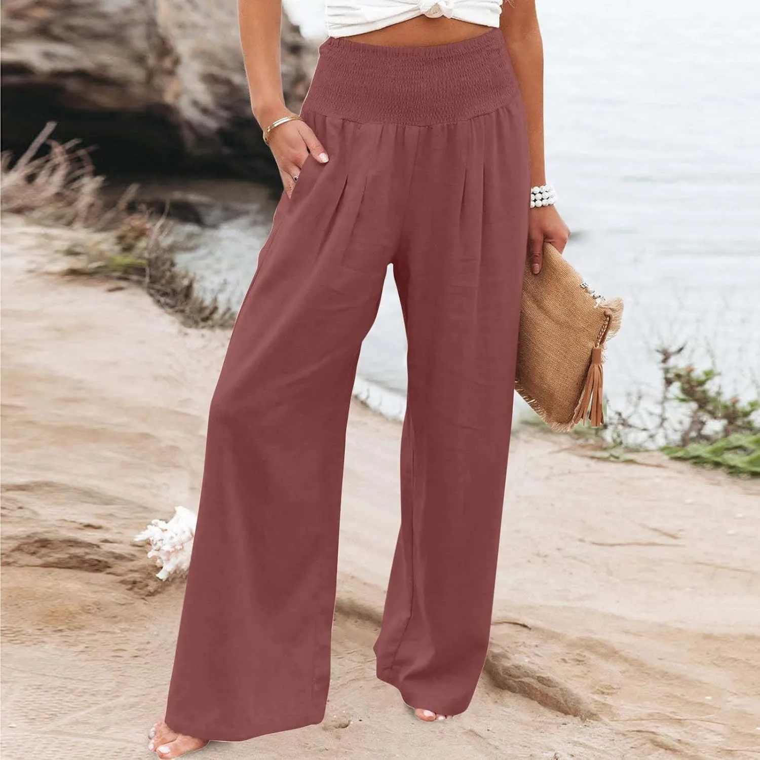 Women's Cotton Linen Pants Dressy Casual Elastic High Waist Drawstring Pants Wide Leg Lounge Yoga Trousers