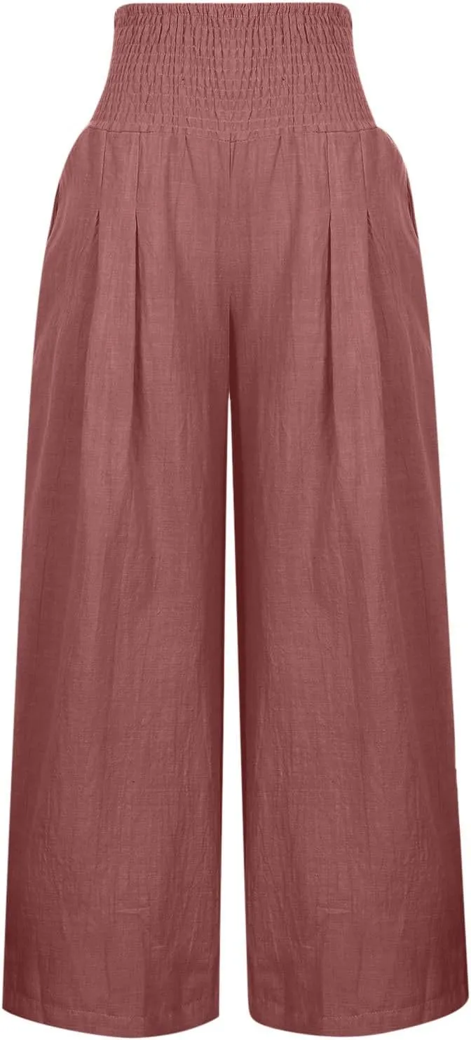 Women's Cotton Linen Pants Dressy Casual Elastic High Waist Drawstring Pants Wide Leg Lounge Yoga Trousers