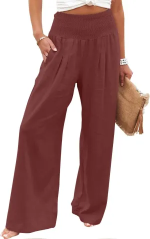 Women's Cotton Linen Pants Dressy Casual Elastic High Waist Drawstring Pants Wide Leg Lounge Yoga Trousers