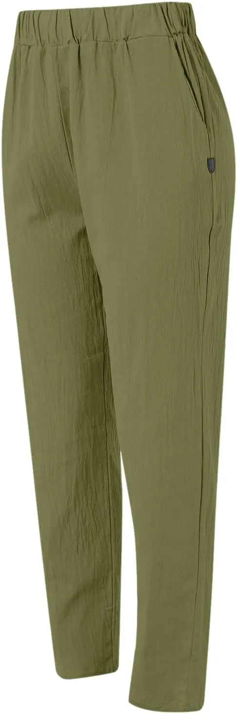 Women's Cotton Linen Pants Fashion Summer Casual Loose Elastic High Waisted Ankle Slacks Comfy Beach Trousers Pockets