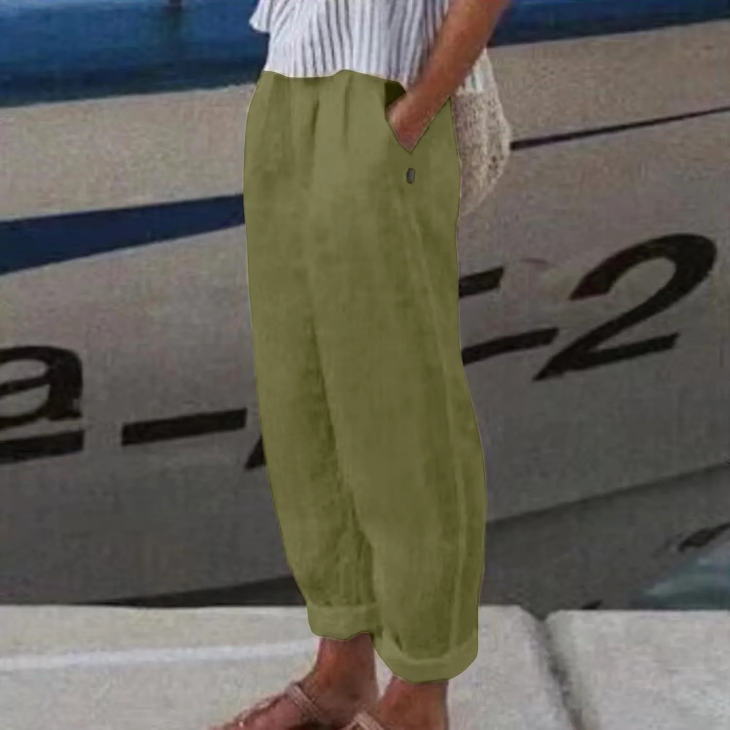Women's Cotton Linen Pants Fashion Summer Casual Loose Elastic High Waisted Ankle Slacks Comfy Beach Trousers Pockets
