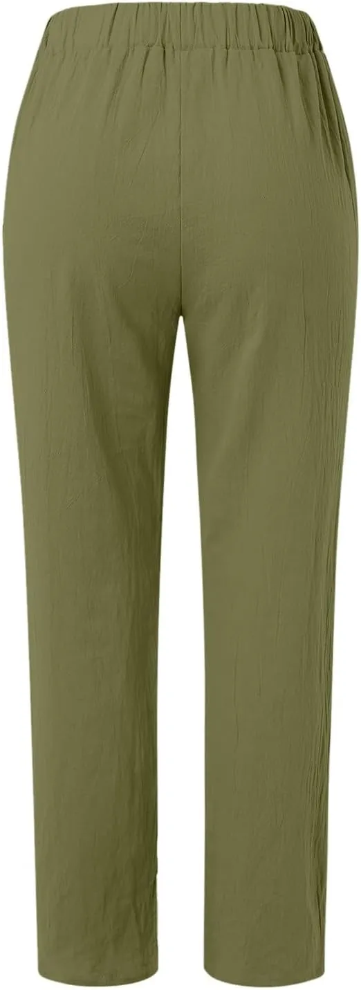 Women's Cotton Linen Pants Fashion Summer Casual Loose Elastic High Waisted Ankle Slacks Comfy Beach Trousers Pockets