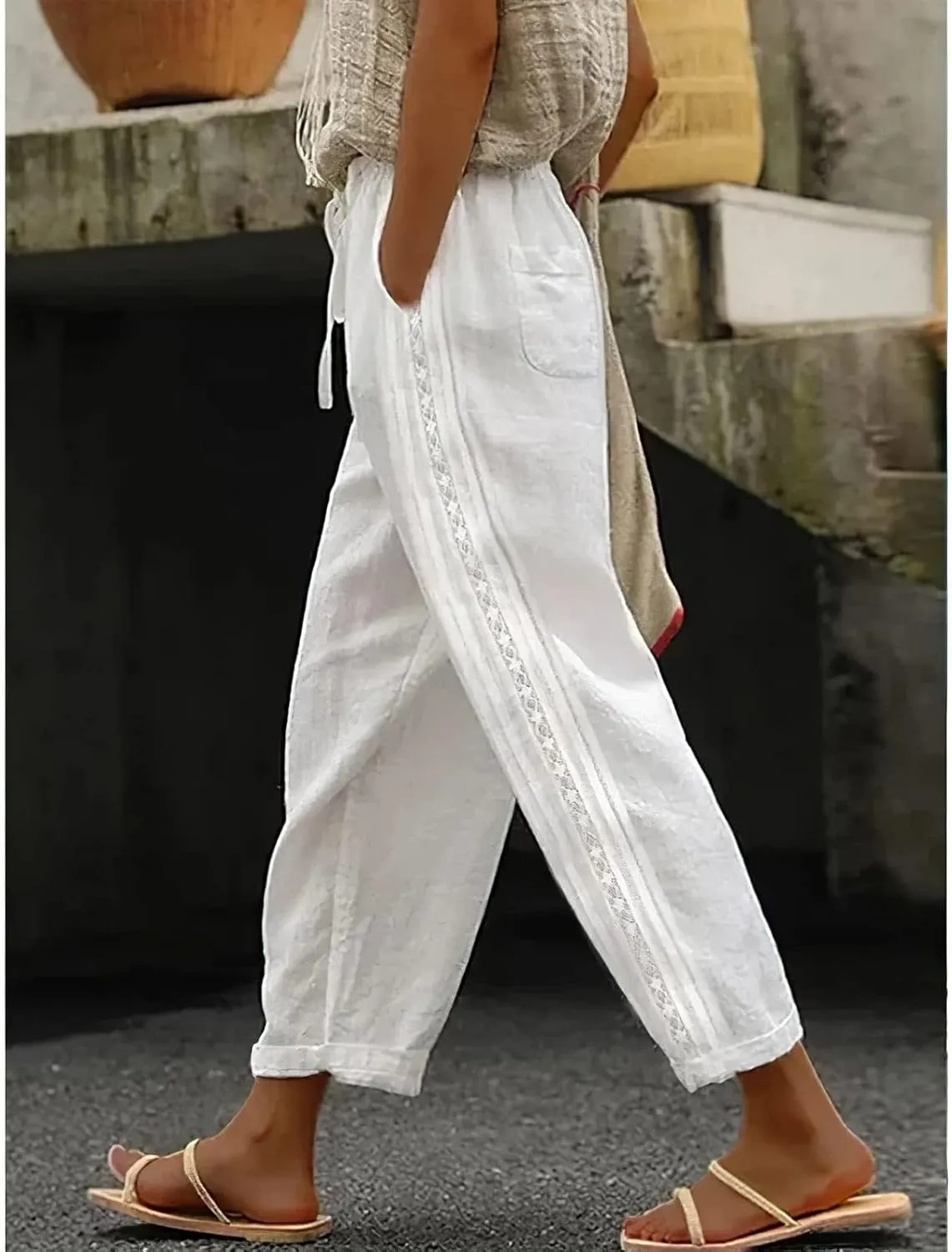 Womens Cotton Linen Pants Summer Casual Wide Leg Elastic Palazzo Pants High Waisted Loose Beach Trousers with Pockets