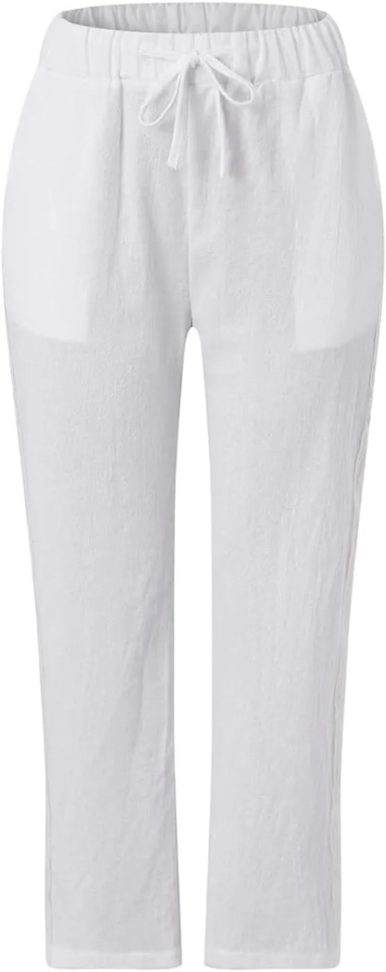 Womens Cotton Linen Pants Summer Casual Wide Leg Elastic Palazzo Pants High Waisted Loose Beach Trousers with Pockets