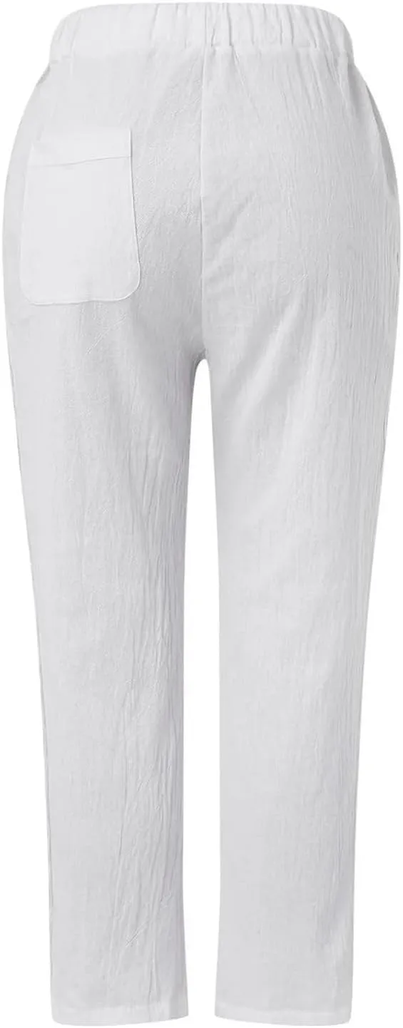 Womens Cotton Linen Pants Summer Casual Wide Leg Elastic Palazzo Pants High Waisted Loose Beach Trousers with Pockets