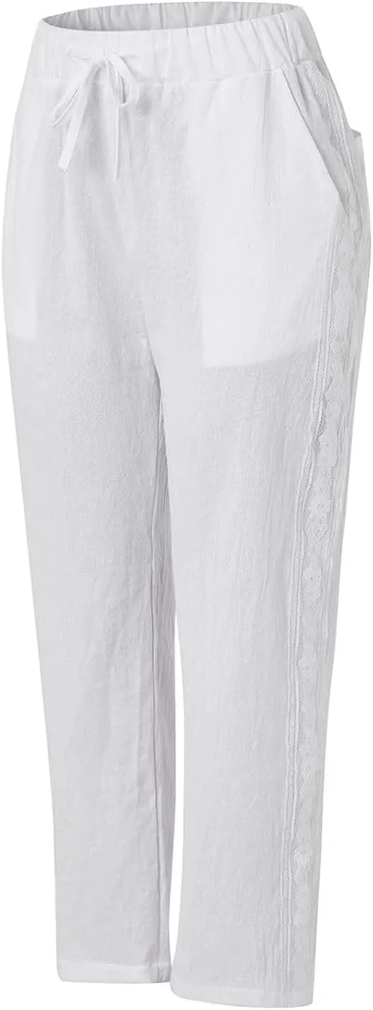 Womens Cotton Linen Pants Summer Casual Wide Leg Elastic Palazzo Pants High Waisted Loose Beach Trousers with Pockets
