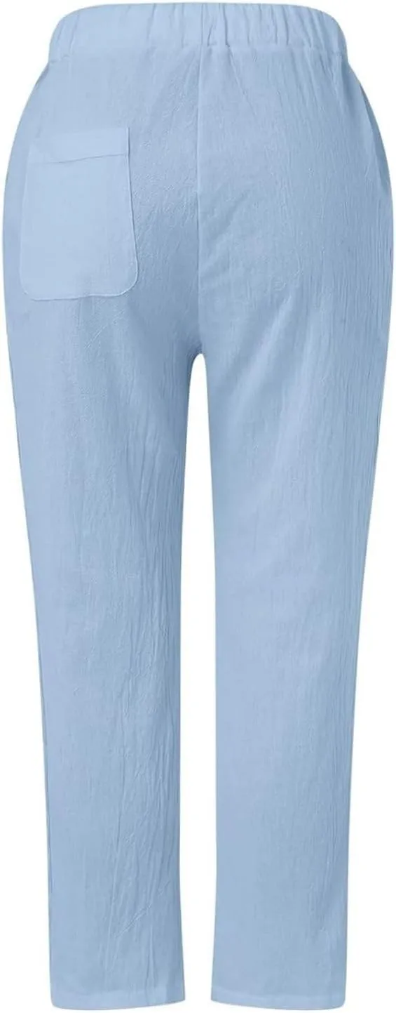 Womens Cotton Linen Pants Summer Casual Wide Leg Elastic Palazzo Pants High Waisted Loose Beach Trousers with Pockets