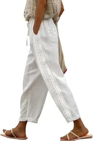 Womens Cotton Linen Pants Summer Casual Wide Leg Elastic Palazzo Pants High Waisted Loose Beach Trousers with Pockets