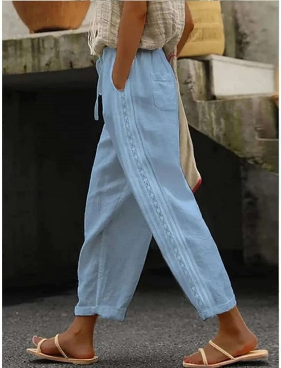 Womens Cotton Linen Pants Summer Casual Wide Leg Elastic Palazzo Pants High Waisted Loose Beach Trousers with Pockets