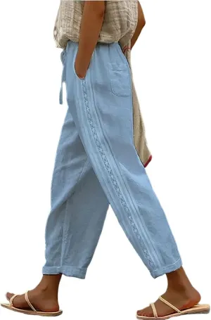 Womens Cotton Linen Pants Summer Casual Wide Leg Elastic Palazzo Pants High Waisted Loose Beach Trousers with Pockets