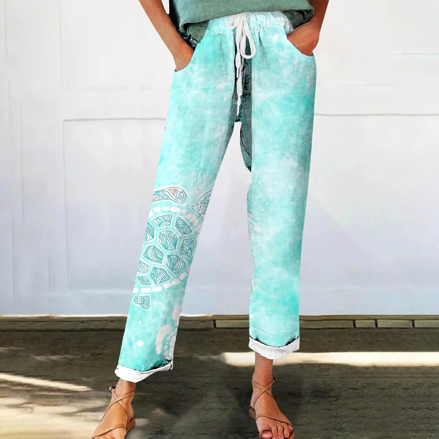 Women's Cotton Linen Pants Vintage Tropical Floral Print Elastic High Waist Drawstring Trousers Summer Beach Pants